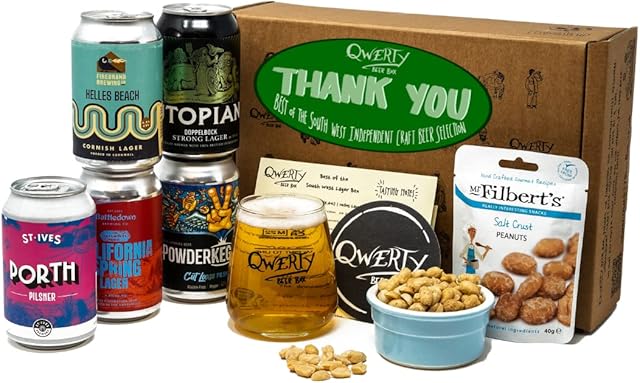 Premium Craft Lager Thank You Beer Gift Hamper - 5 Independent British Craft Lagers, a Snack and Beer Tasting Glass by QWERTY Beer Box - Craft Lager Thank You Present for Him