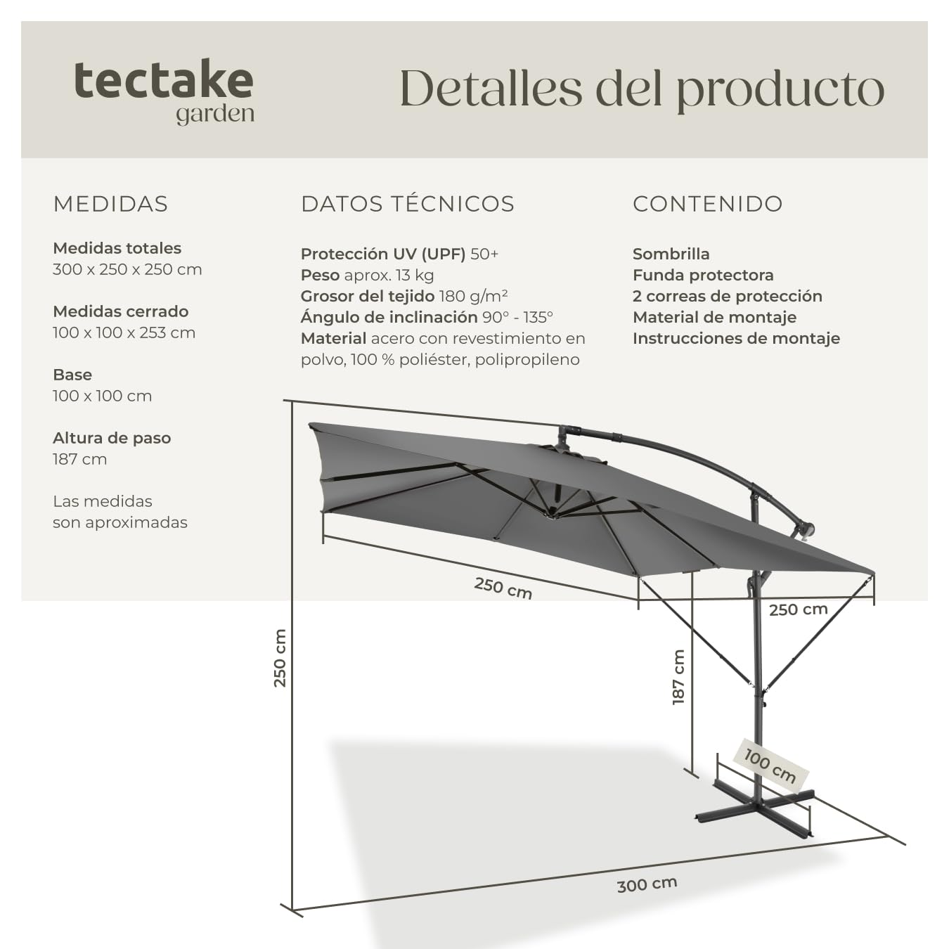 TecTake® Sombrilla Terraza Exterior, Sombrilla Playa con Manivela Manual e Inclinación Ajustable, Sombrilla Jardín con Máxima Estabilidad, Parasol Terraza Exterior, Ø250cm, Funda Protectora