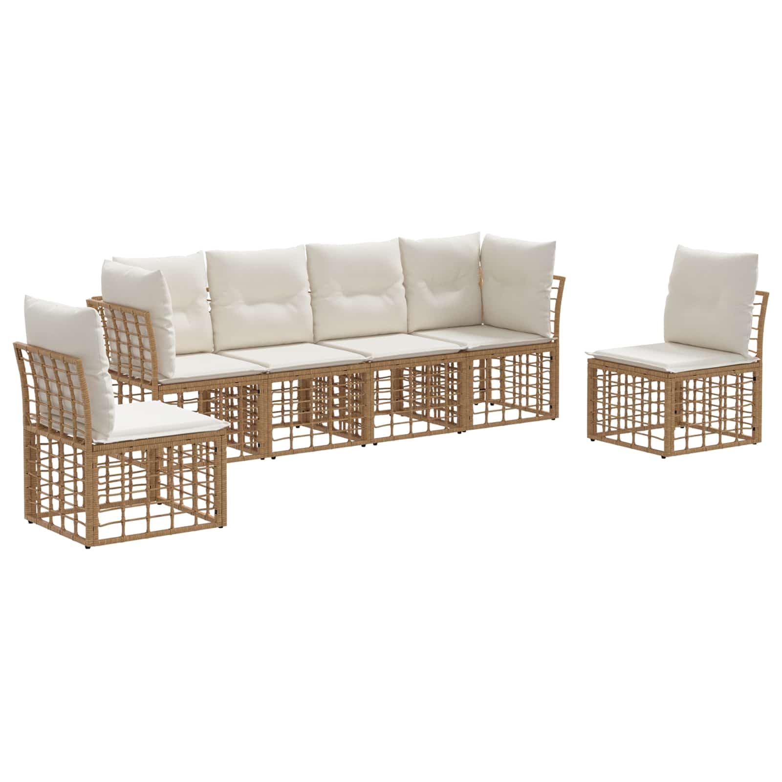 Ensemble de Canapés d'Extérieur 6 Places en Poly Rattan Naturel, Salon de Jardin Modulaire avec Coussins pour Terrasse et Balcon, Mobilier de Jardin Design et Durable