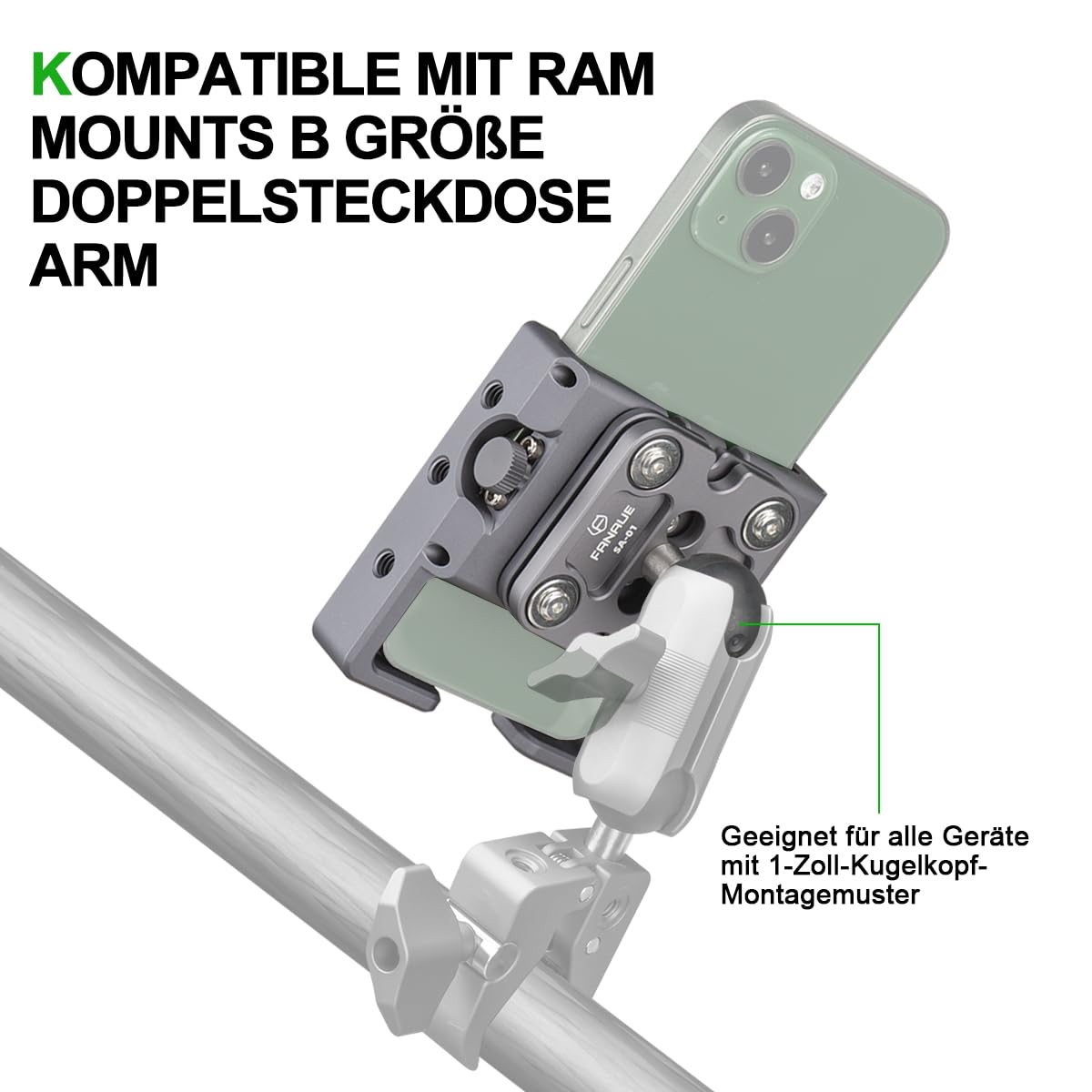 FANAUE Telefonhalterung mit 1 Zoll Kugelkopf kompatibel mit RAM Mount B Größe Doppelbuchsenarm und Fahrrad Motorrad Handy-Halterung für Smartphones von 2,3" bis 3,4" breit, aus Aluminiumlegierung