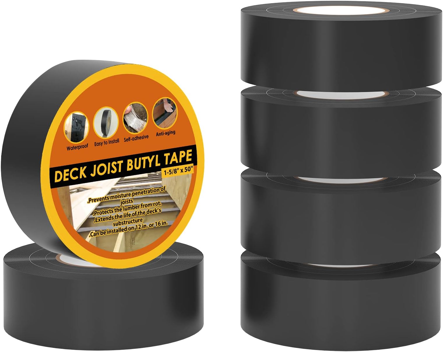 Deck Joist Tape 1-5/8" x 50' Butyl Joist Tape for decking, 6 Pack Flashing Joist Deck Tape for Top of Joists, Rim Joists, Under Joists and Beams