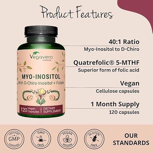 Miniatura 4 de Vegavero Myo-inositol y D-Chiro Inositol  Equilibrio hormonal y apoyo ovárico  con folato, resveratrol, CoQ10  Proporción 401  Probado en
