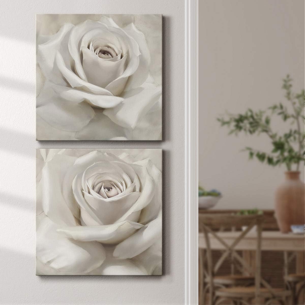 Renditions Gallery Set of 2 White Rose Wall Art, Premium Gallery Wrapped Canvas Flower Wall Decor for Living Room, Bedroom, Bathroom. Ready to Hang, 16 in H x 16 in W, Made in America Print image 3