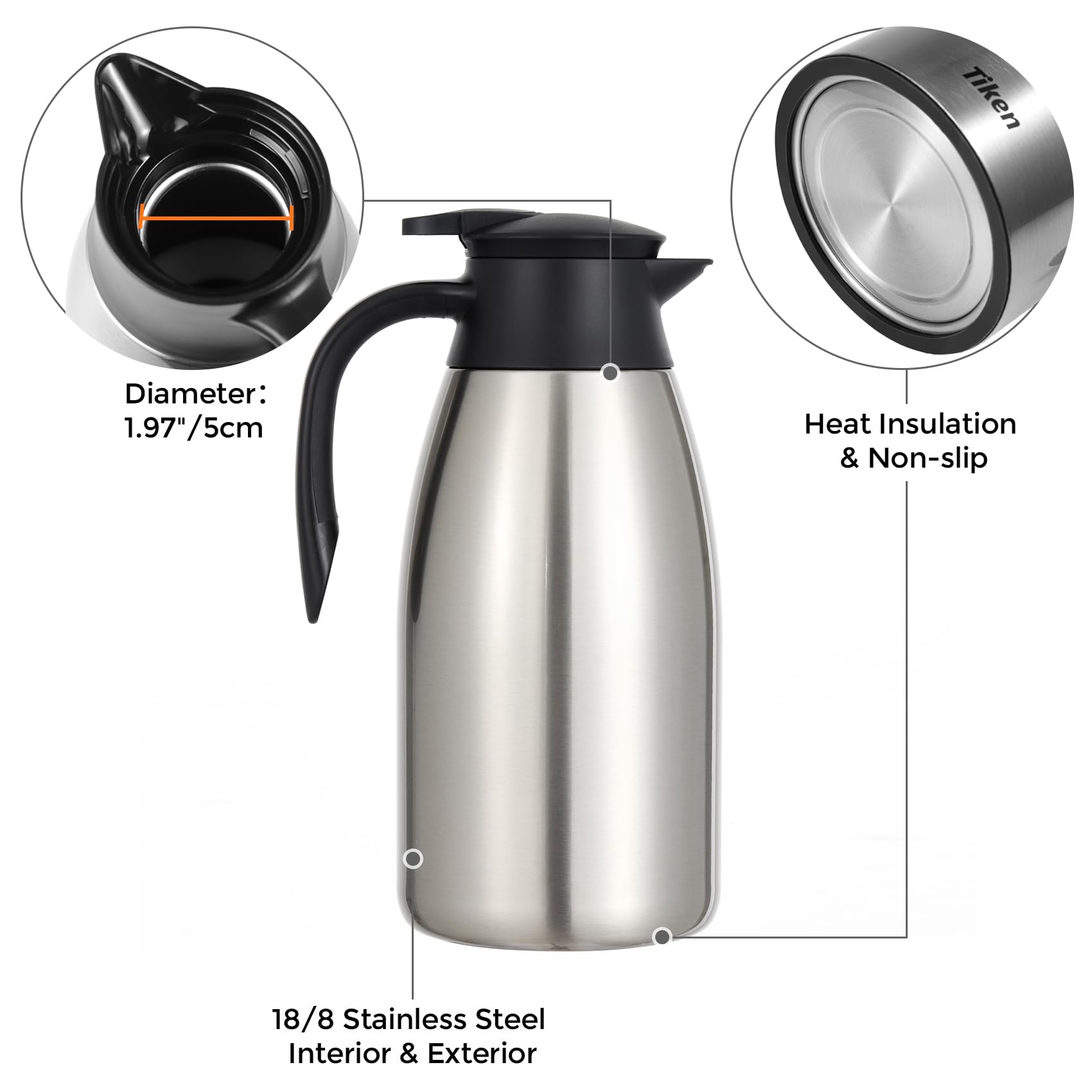 Tiken 2.5L Thermal Coffee Carafe Jug, Stainless Steel Insulated Vacuum Coffee Pot Flask for Tea Hot and Cold Drinks - Image 4