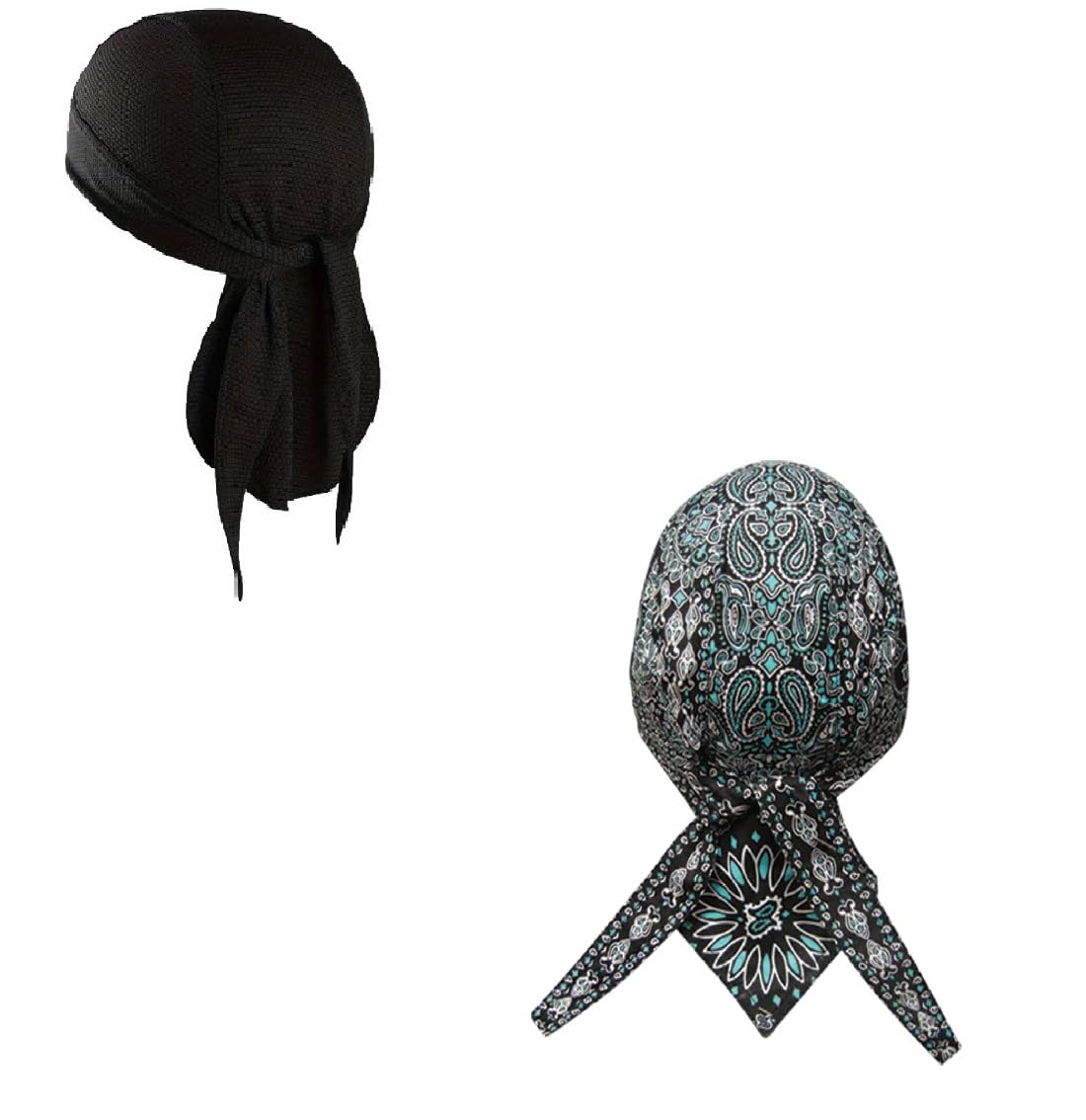 Headwrap Durag Doo Rag Skull Cap Lot or Set of 2 Classic Teal and Black Blue Combo Paisley