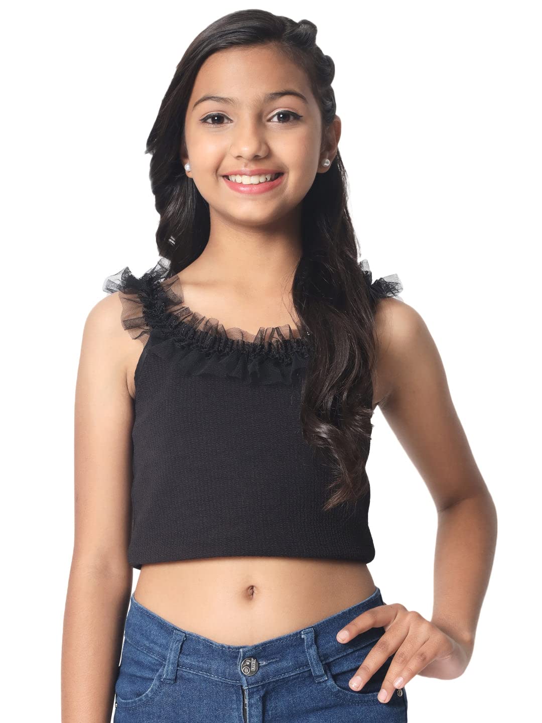 studio rasa Girls Knitted Sequin Embroidered Ruffle Top for Party Evening (GTC12320/15-16_Black_15-16Years)