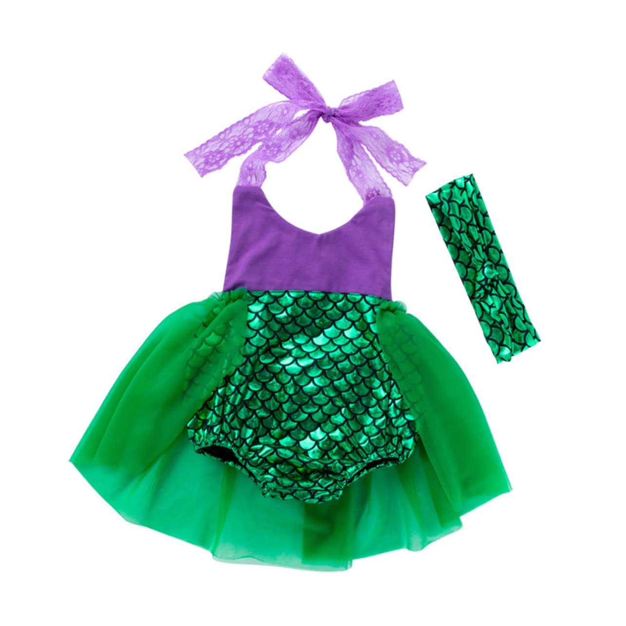 NOLITOY Baby Girls Mermaid Lace Suspenders Skirt Dress Set with Headband Summer Outfit