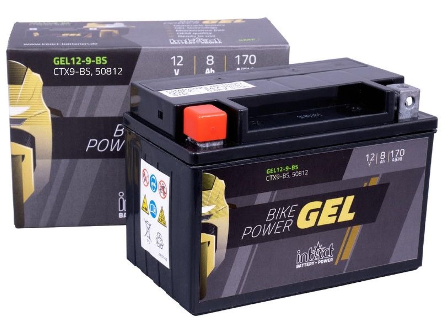 intAct - Bike-Power GEL12-9-BS, CTX9-BS, 50812, Batería de moto 12V 8 Ah 170 A (EN), Batería de gel de moto sin mantenimiento con un 30% más de potencia de arranque, para scooters, motos, quads