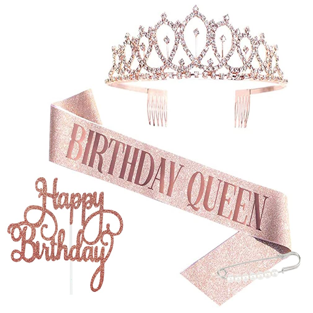 CAVETEE Corona Compleanno Donna Con Scritta Happy Birthday – Blu Con Strisce, Include Forcine
