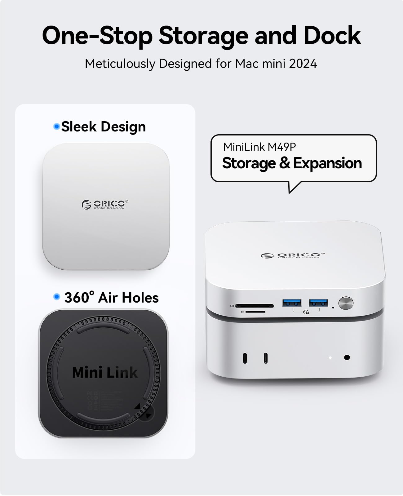 Dock e Supporto ORICO MiniLink per Mac mini M4, Hub USB C in Alluminio con Custodia SSD per M.2 NVMe/SATA, 2 porte USB 3.2 a 10Gbps, SD/TF 3.0, Dock Argento per Mac mini M4 / M4 Pro - M49P