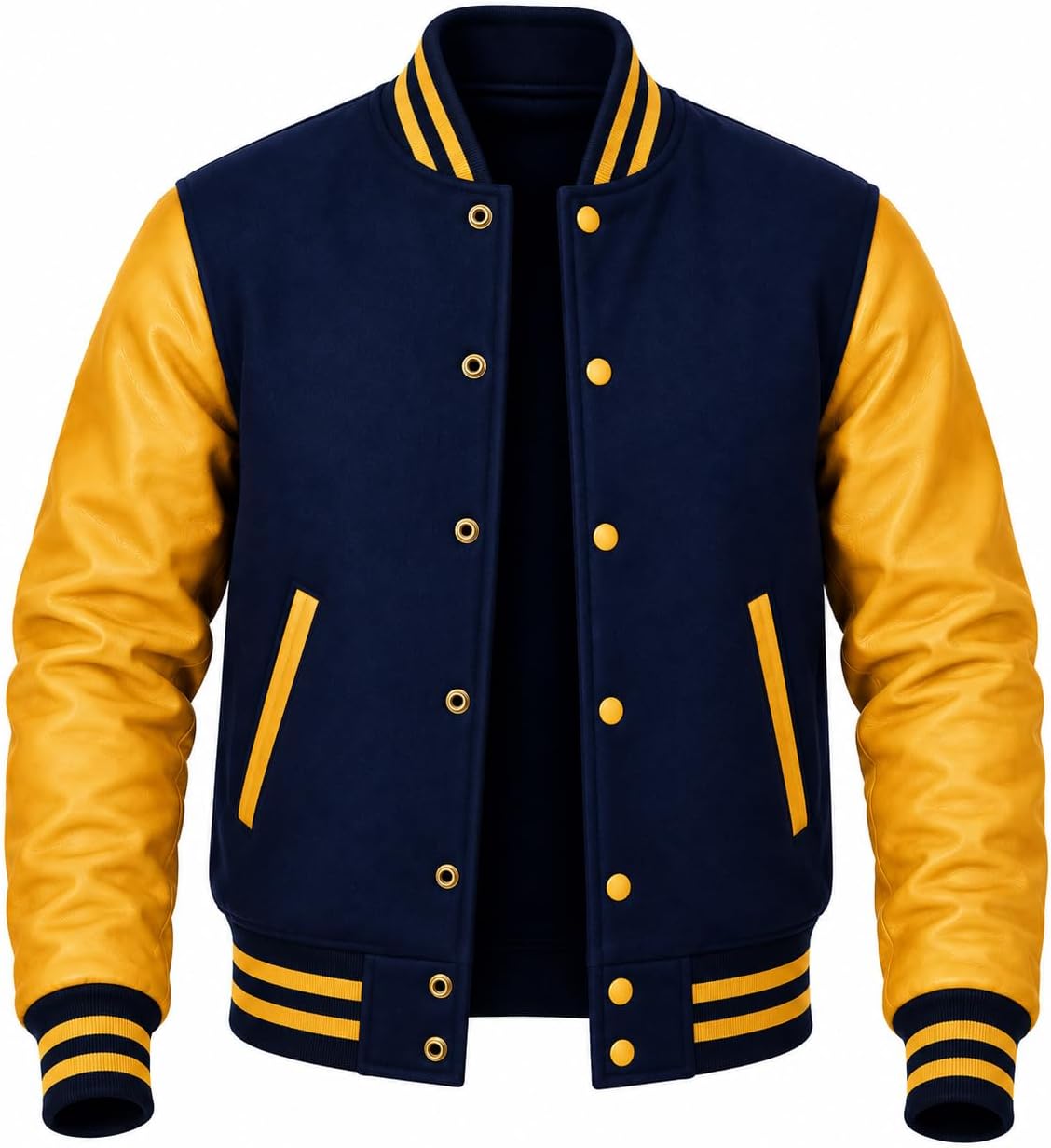 Varsity Jacket Men with Genuine Leather Sleeves and Wool Blend-Lightweight Baseball Jacket Men