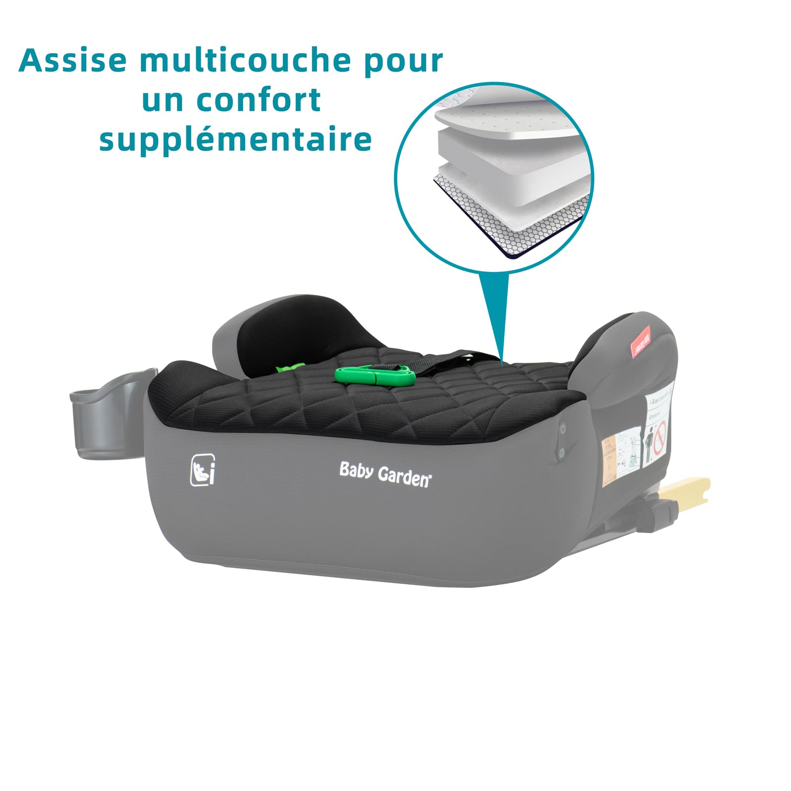 Baby Garden Rehausseur de voiture Isofix - I-Size - Siège auto - Certifié UE - Premium Comfort - ISOFIX réglable - Porte-gobelet et ceinture inclus - Design néerlandais (noir)