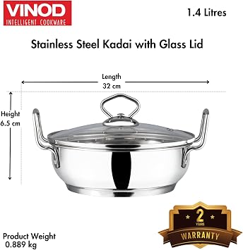 Vinod Cookware Induction Friendly Kadai With Lid Silver 1.5 Litres, Stainless Steel