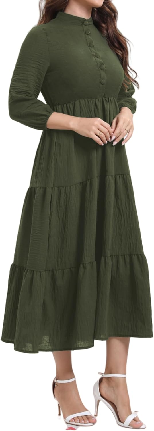 Women's Fall Button Down Casual Tiered Ankle Length 3/4 Sleeve Elastic A-Line Flowy Formal Dress with Pockets - Image 2