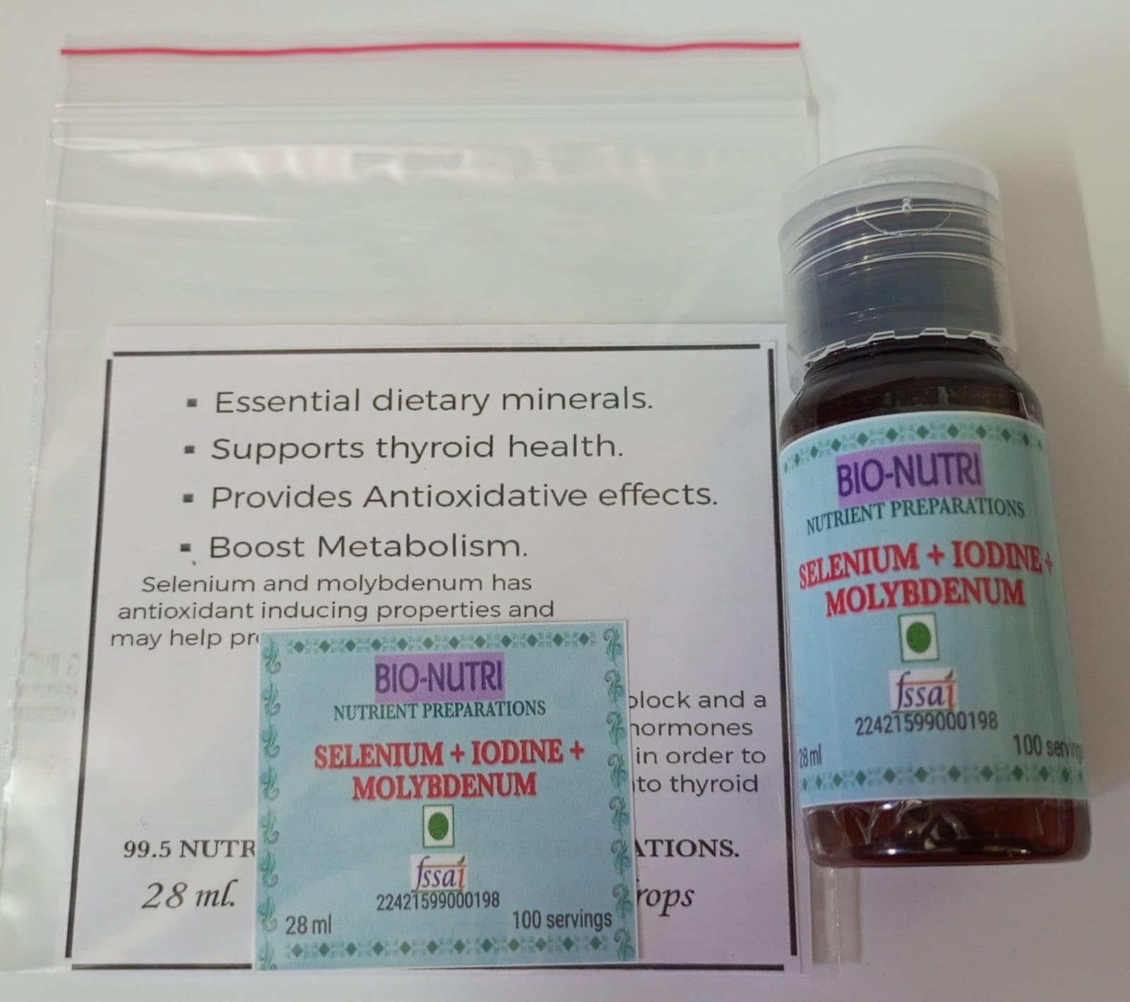 BIO-NUTRI SELENIUM + IODINE + MOLYBDENUM - 100 Servings - for thyroid gland and antioxidant functioning (Bottle with Plug and Fliptop cap).