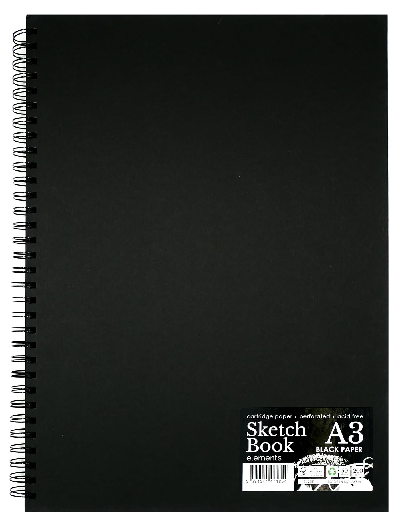 Elements A3 Wire-O Black Sheets Sketch Book, Hard Cover, 200gsm Cartridge Paper, 50 Perforated Sheets