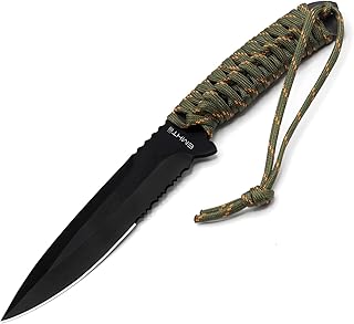 Camping Fixed-Blade Survival Knife - 9in Full Tang Outdoor Knives, 5in Blade with Serrated Edge and Rope Handle, Black - EMHTiii