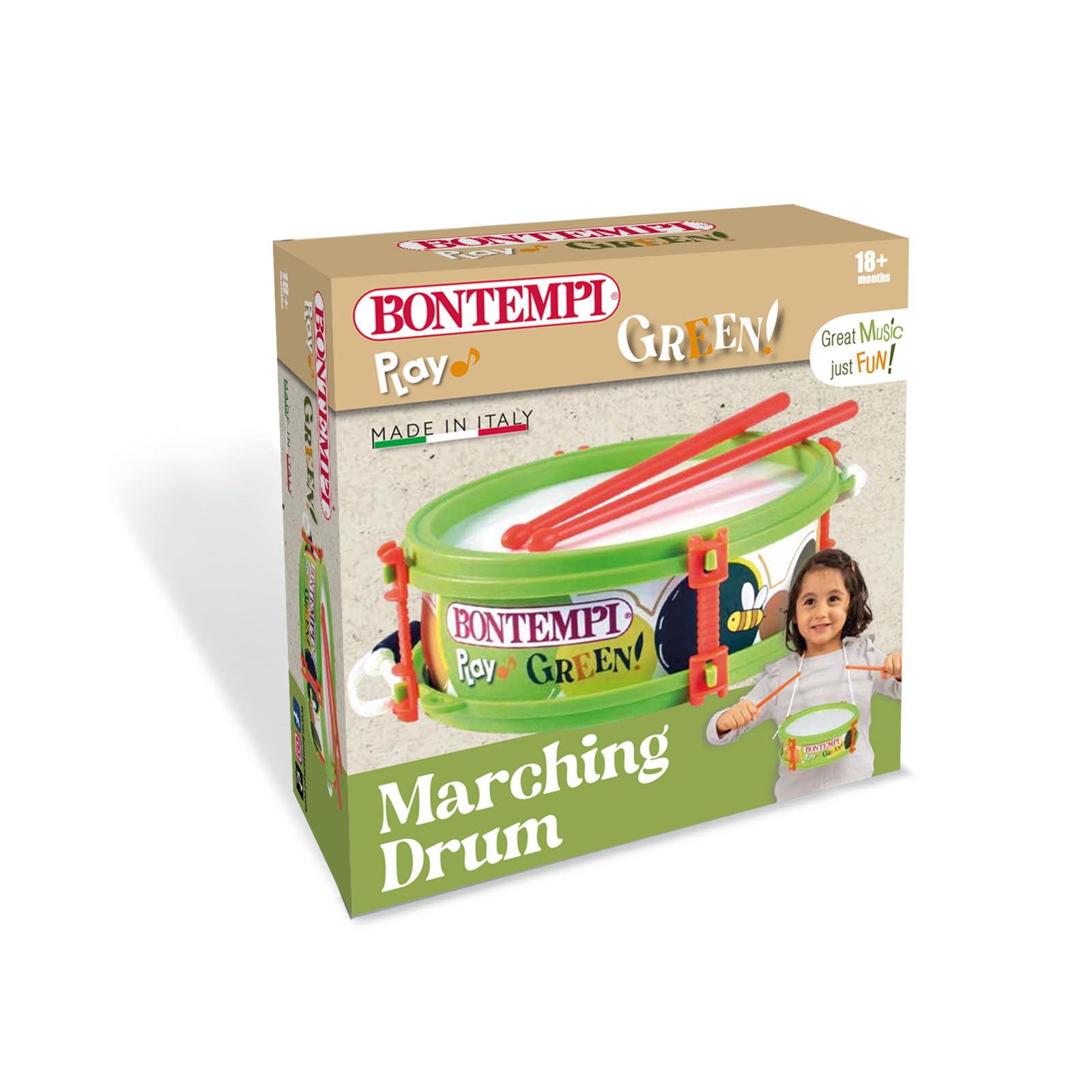 Bontempi | Tamburo Piccolo Green con Tracolla, Completo di Bacchette, Suono Realistico, Ø 150mm, Gioco Musicale per Bambini 18+ Mesi