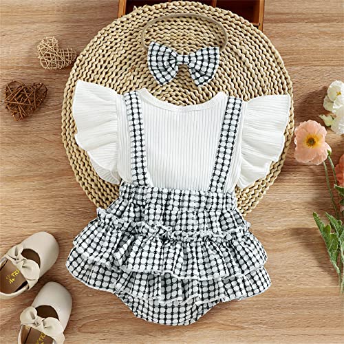 Patpat 95% Cotton Baby Girl Romper Dress Set Ruffle-Sleeve Bowknot White Plaid Layered Romper With Headband Set Outfits White 6-9 Months #TOP1
