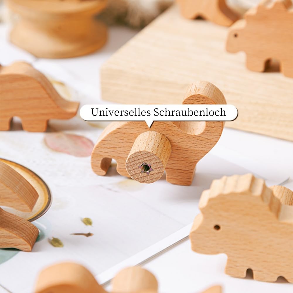 MHwan Wooden Drawer Knobs, 6 Pcs Cute Dinosaur Wardrobe Door Knobs Made of Natural Solid Wood with Natural Texture - Image 4
