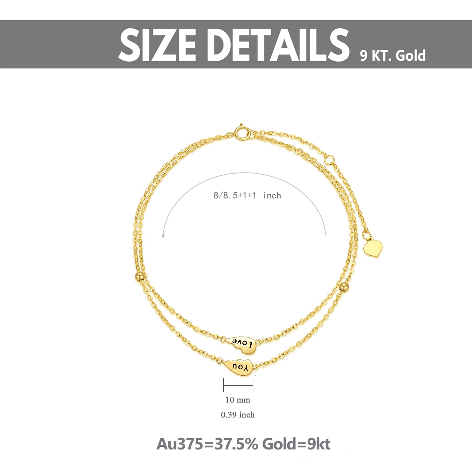 9k Echtgold Herz Fußkette für Damen Frauen, 375/9ct Gold Herz Fußkettchen Schichtfuß Fusskettenchen Schmuck Geschenke für Geburtstag Weihnachten 20/21.5+5 cm