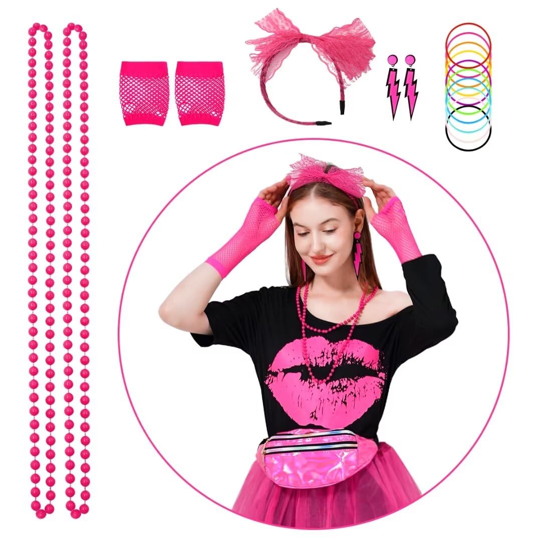 WILDPARTY 80s Fancy Dress for Women Lip Print T-shirt, Tutu Skirt, Leg Warmers, Necklace, Fishnet Gloves, Earrings - Image 4