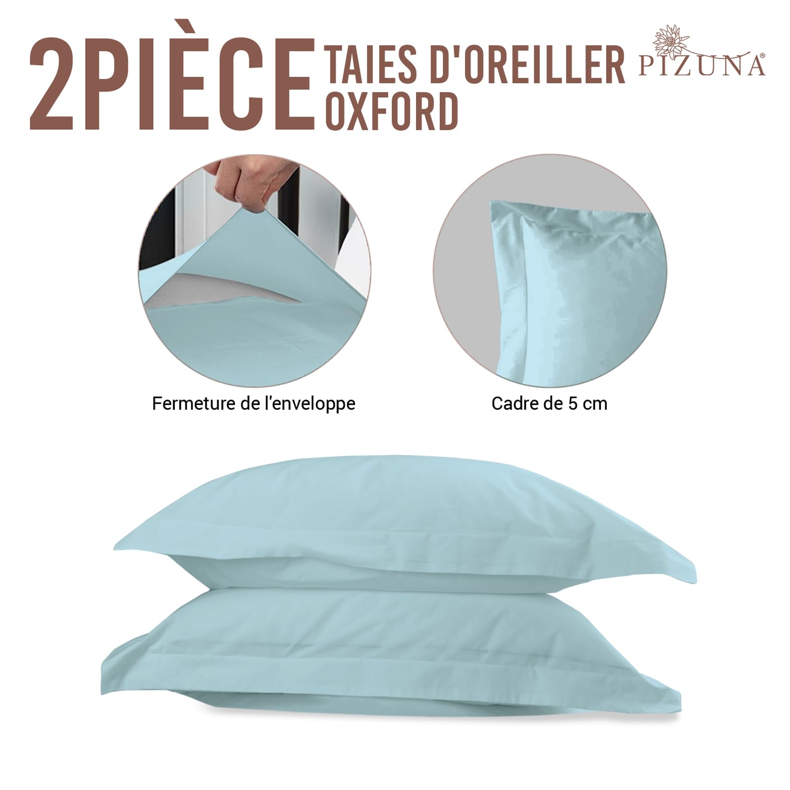 Pizuna Coton Set de 2 Taies d'oreiller 65x65 cm Bleu Bébé, 100% Coton Longue durée en Percale Taies d'oreiller en Coton 65x65 avec Rabat de 20cm