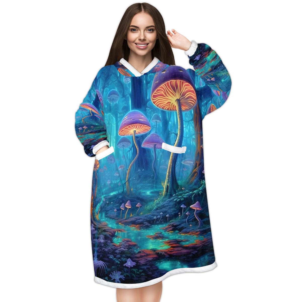DOHOATU Phantom Mushrooms Wearable Blanket Hoodie for Adults Women Men, Trippy Plants Oversized Blanket Sweatshirt Warm Cozy Soft Hooded Blanket with Pocket