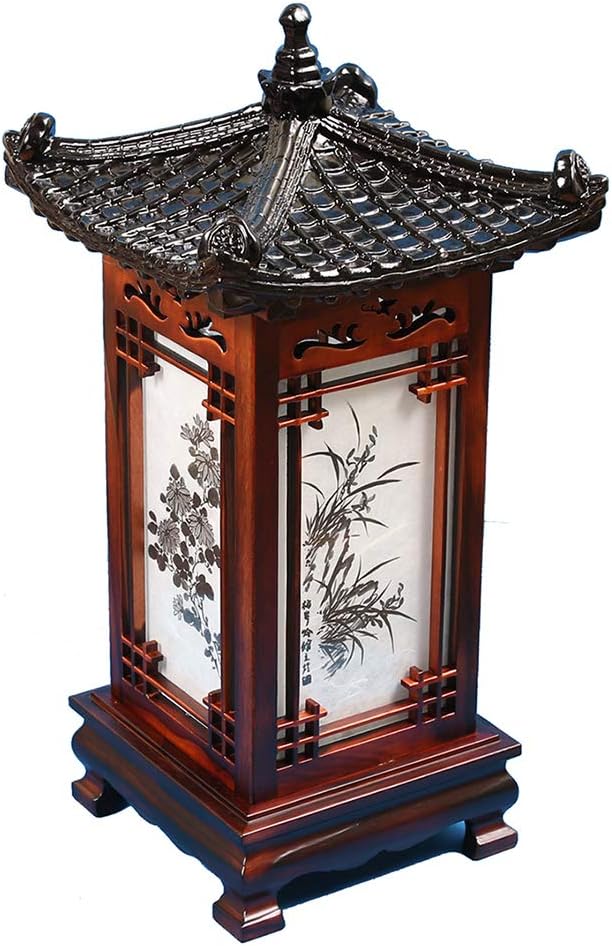 Carved Wood Table Lamp Handmade Traditional Korean House Pavilion Pagoda Design Art Deco Lantern Brown Asian Oriental Bedside Bedroom Lamp Accent Unusual Light (House L)