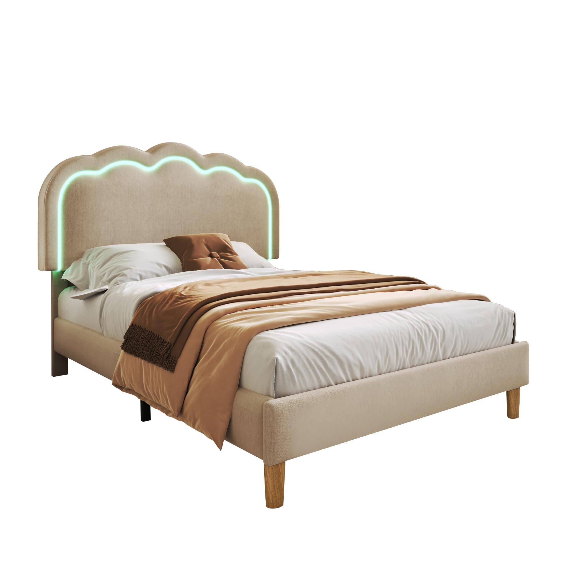 Gecheer Letto con Testiera a LED, Pompon Letto Matrimoniale 90x200 cm, Rivestito in Lino Beige, con Luci LED Regolabili e Modalità Musica, Struttura Robusta, Altezza Regolabile, per Camera da Letto