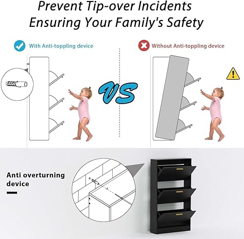 Miniatura 7 de Armario de zapatos para entrada delgado y estrecho con 3 cajones abatibles, almacenamiento oculto de madera para zapatos, armario organizador de