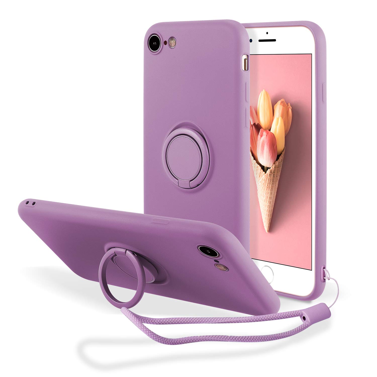 UEEBAI Case for iPhone SE 2022 5G/iPhone 7/iPhone 8/iPhone SE 2020, Slim Liquid Silicone Phone Case with Ring Holder Kickstand Hand Strap Magnetic Car Mount Bumper Cover iPhone SE3/SE2 - Purple