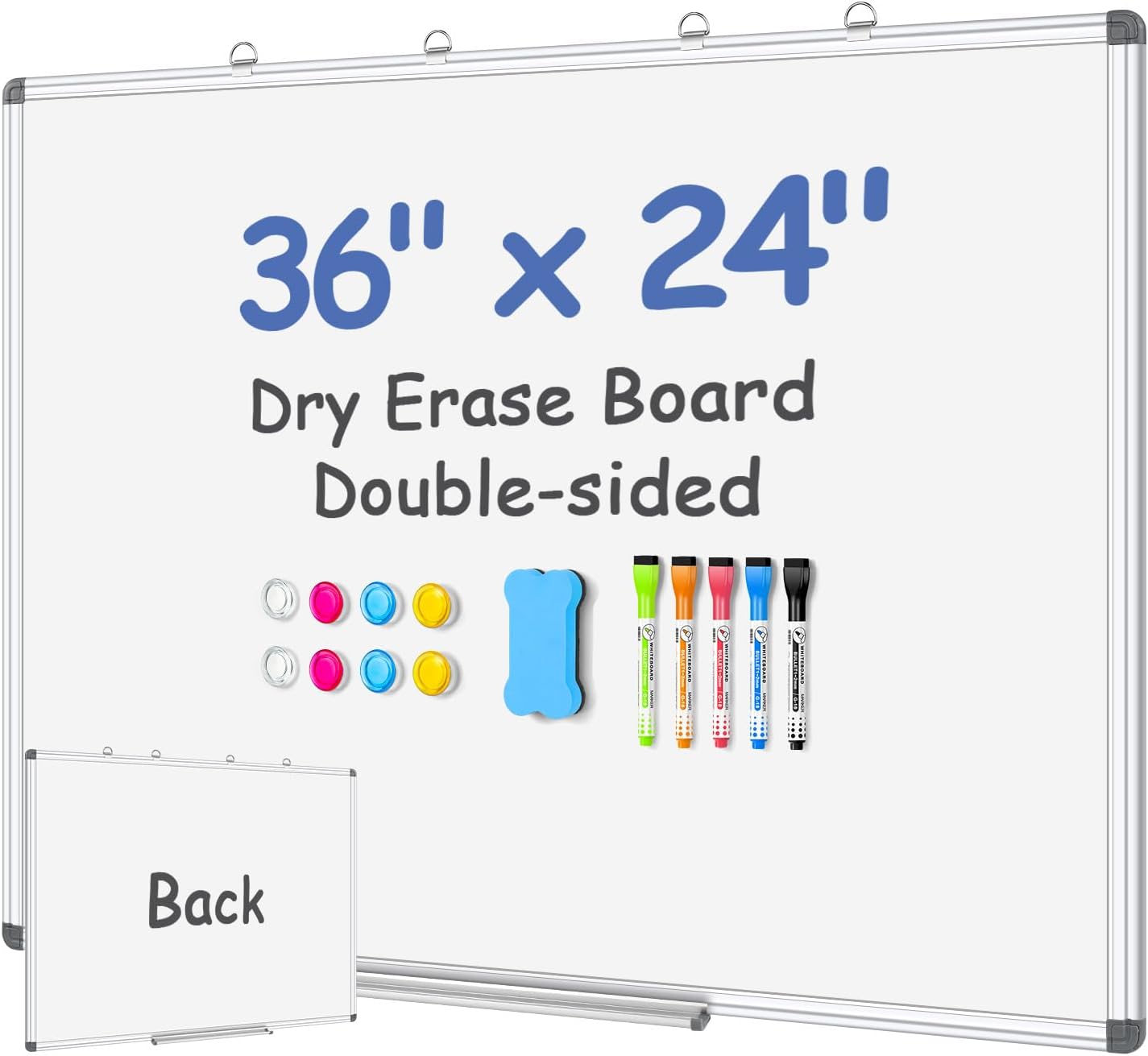 EAONE Magnetic Dry Erase Board for Wall 36” x 24”, Double Sided White Board, Silver Aluminum Frame Whiteboard Kit for Office Home School, with 1 Dry Eraser & 4 Magnetic Pins & 5 Multicolor Markers