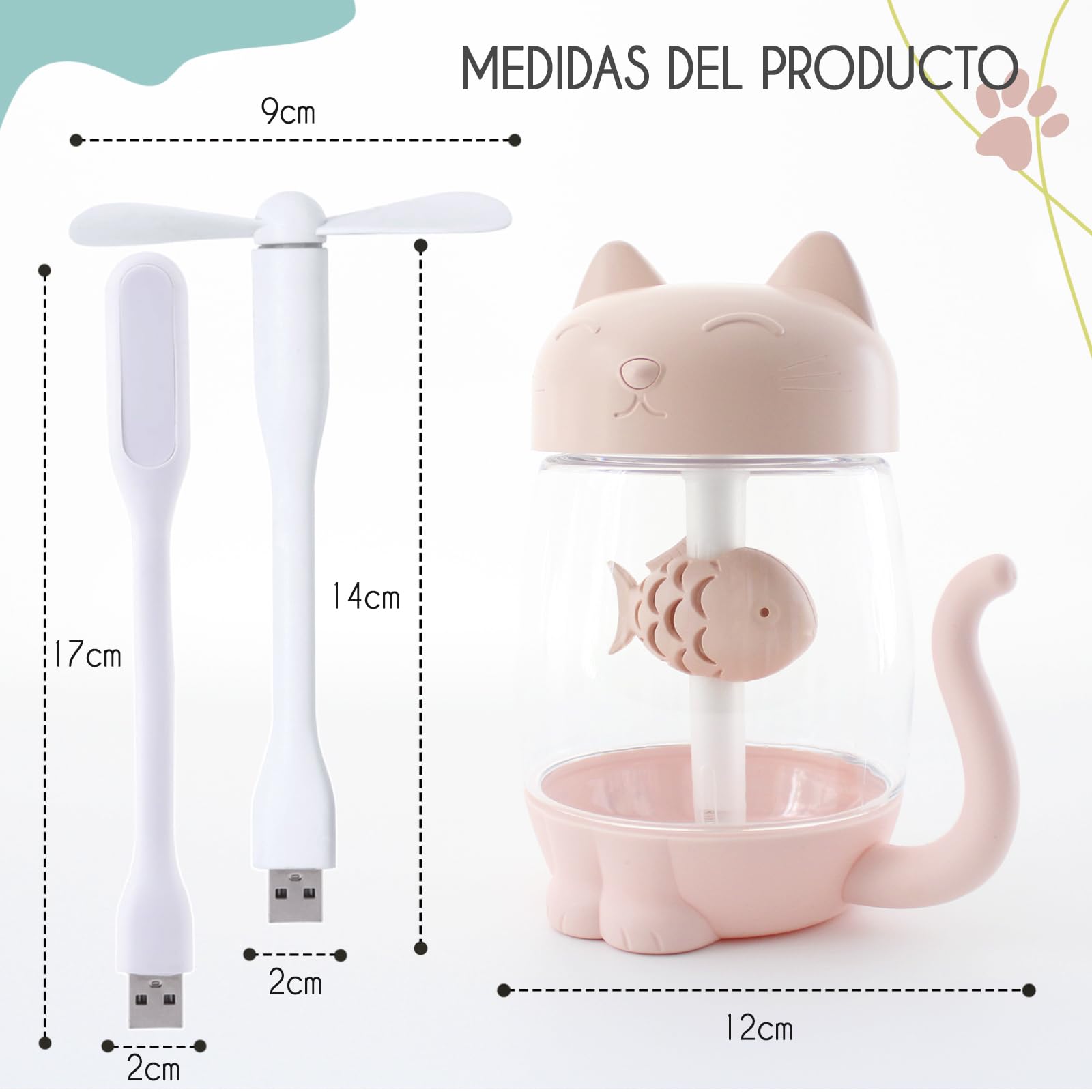 Mini Humidificador Infantil de Gatito 350ml con Luz LED USB y Mini Ventilador Niebla Fría Silenciosa para Niños
