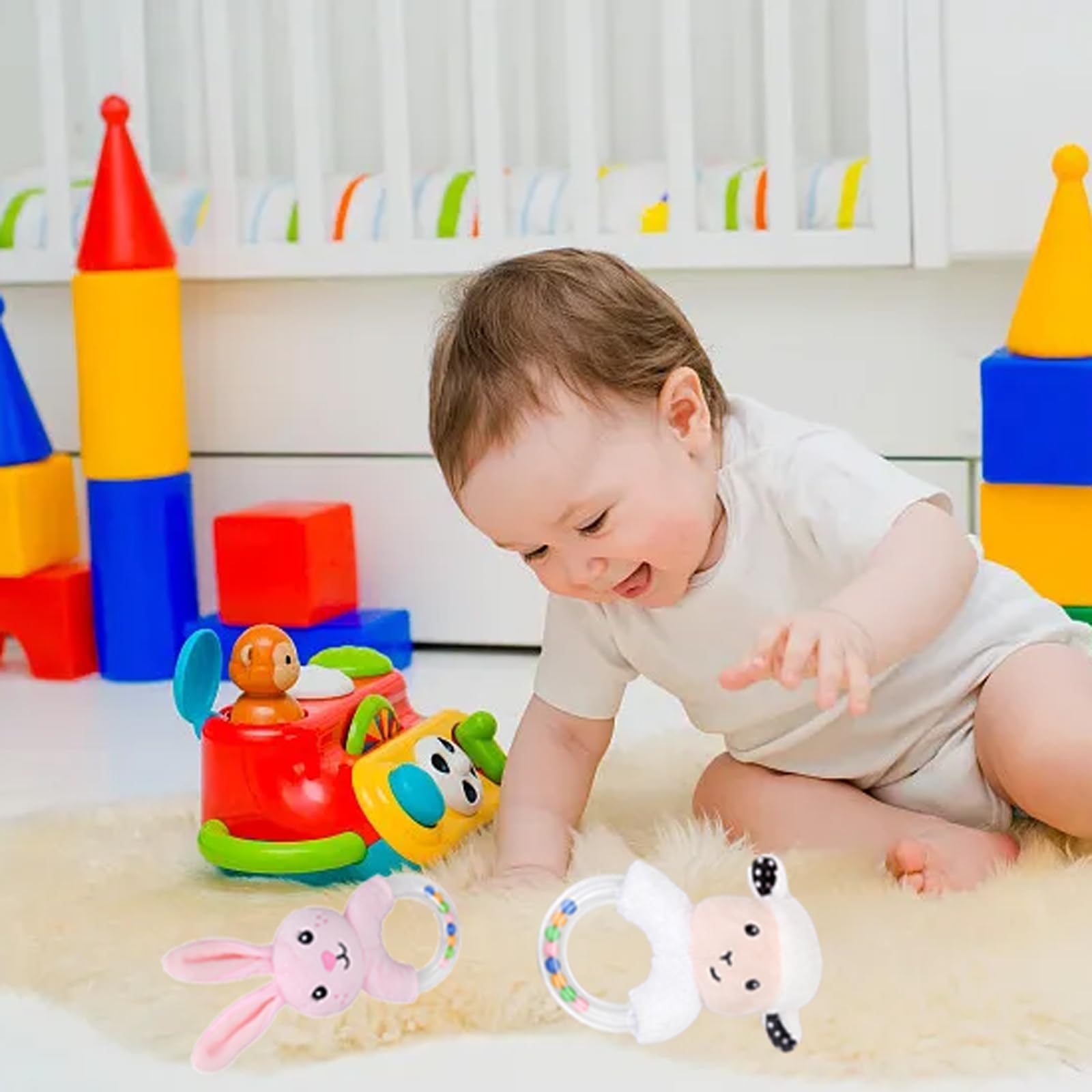 3Pcs Baby rattles Toys for 0-6 Months Sensory Toys for Babies 0-12 Months Early Educational Toy for Toddler Infant Boys Girls Shower Gift (Pink/White)(Fox/Rabbit/Sheep) - Image 2