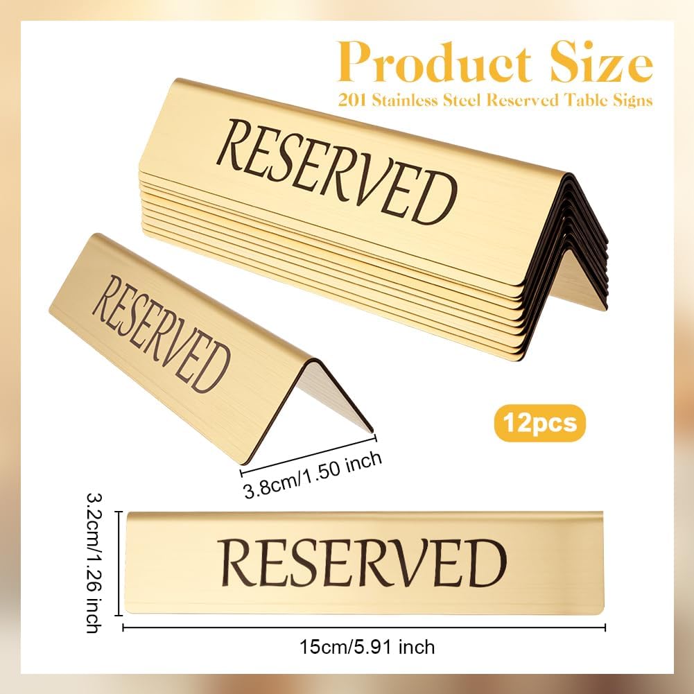 OLYCRAFT 12Pcs Golden Metal Reserved Table Signs Stainless Steel Table Top Reserved Sign Gold Reservation Seat Sign for Tables Tent Signs for Restaurant Wedding Office Meeting Party 5.9x1.5x1.3 Inch