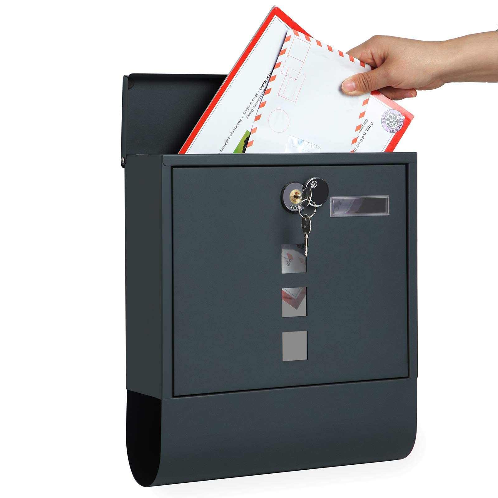 SONGMICS Boîte aux Lettres Murale, avec Serrure avec Couvercle Rotatif, Fenêtre de Visualisation, Porte-nom, Compartiment à Journaux, Montage Facile, 10 x 30,8 x 33,8 cm, Gris Anthracite GMB20AG