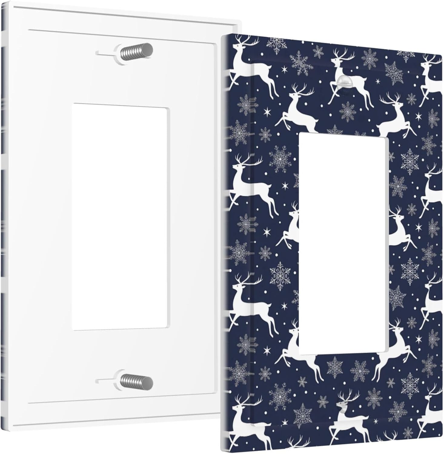 1 Gang Single Rocker White Deer Silhouettes Snowflake Blue Decorative Light Switch Cover - GFCI Outlet Wall Plate for Bathroom Bedroom 5X3 Inch