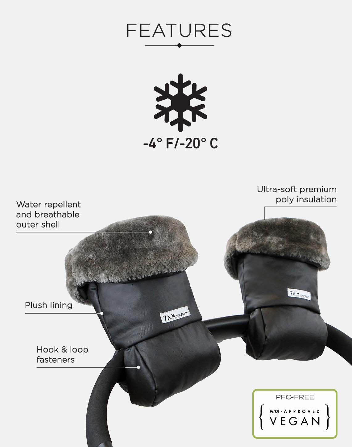 7AM Enfant Stroller Warmmuffs Gloves - Anti-Freeze Stroller Mittens for Handlebars, Water Repellent Hand Warmer Muff for Cold Weather, Plush Lined Stroller Warmmuffs | Winter Stroller Accessories