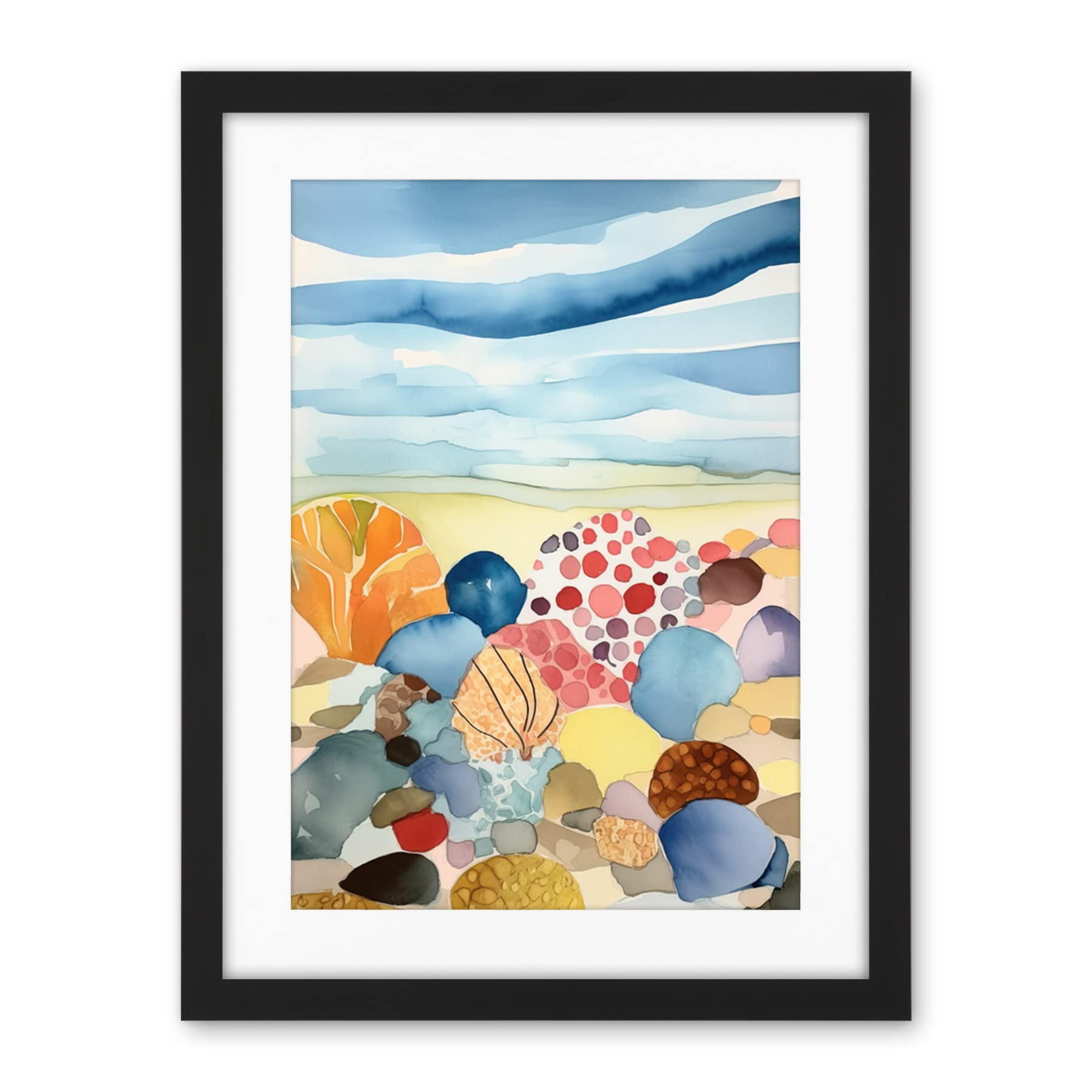 Artery8 Seaside Beachcombing Colourful Seashells And Beach Pebbles Watercolour Painting Artwork Framed Wall Art Print 18X24 Inch