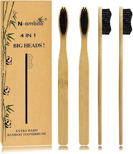 Cepillo de dientes súper duro, cepillo de dientes de bambú, cabeza de cepillo grande, cerdas duras, paquete de 4