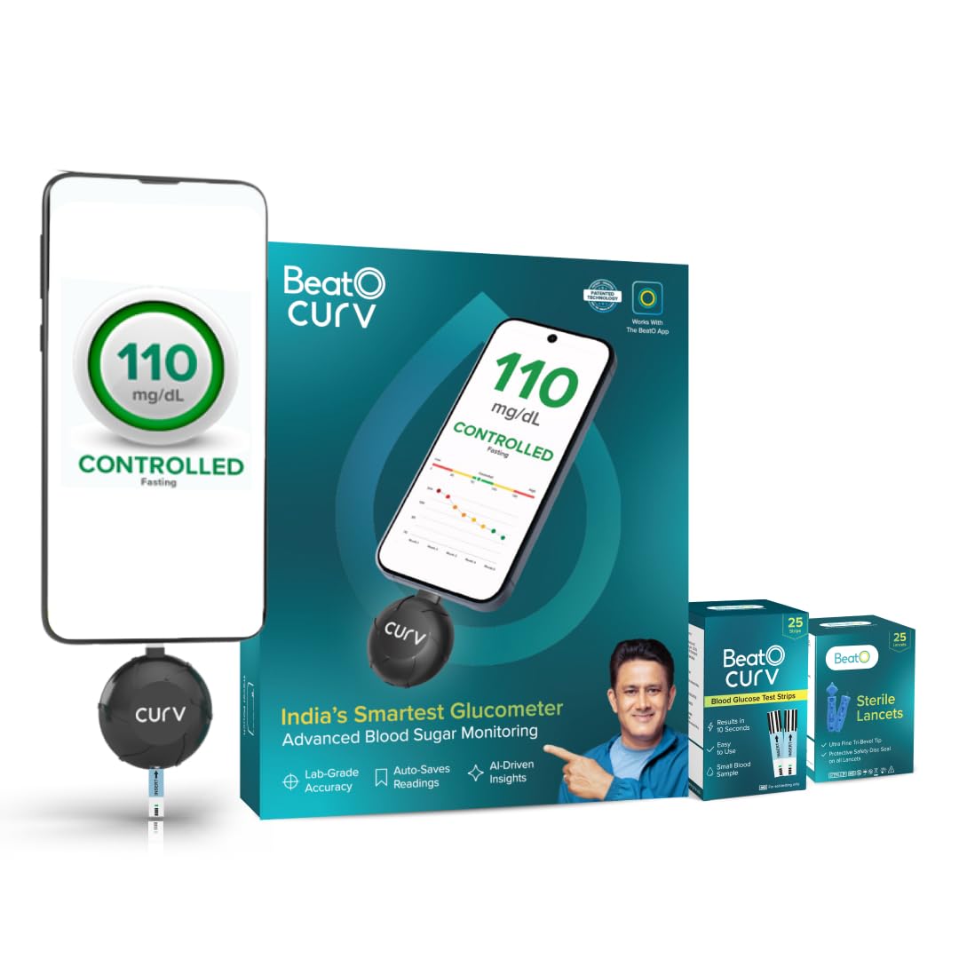 BeatO CURV Sugar Test Machine | FREE 25 Strips & 25 Lancets (Type-C USB Connector) |Smartphone Connected Glucometer Machine | Android only | ISO Certified: Made in India, Black
