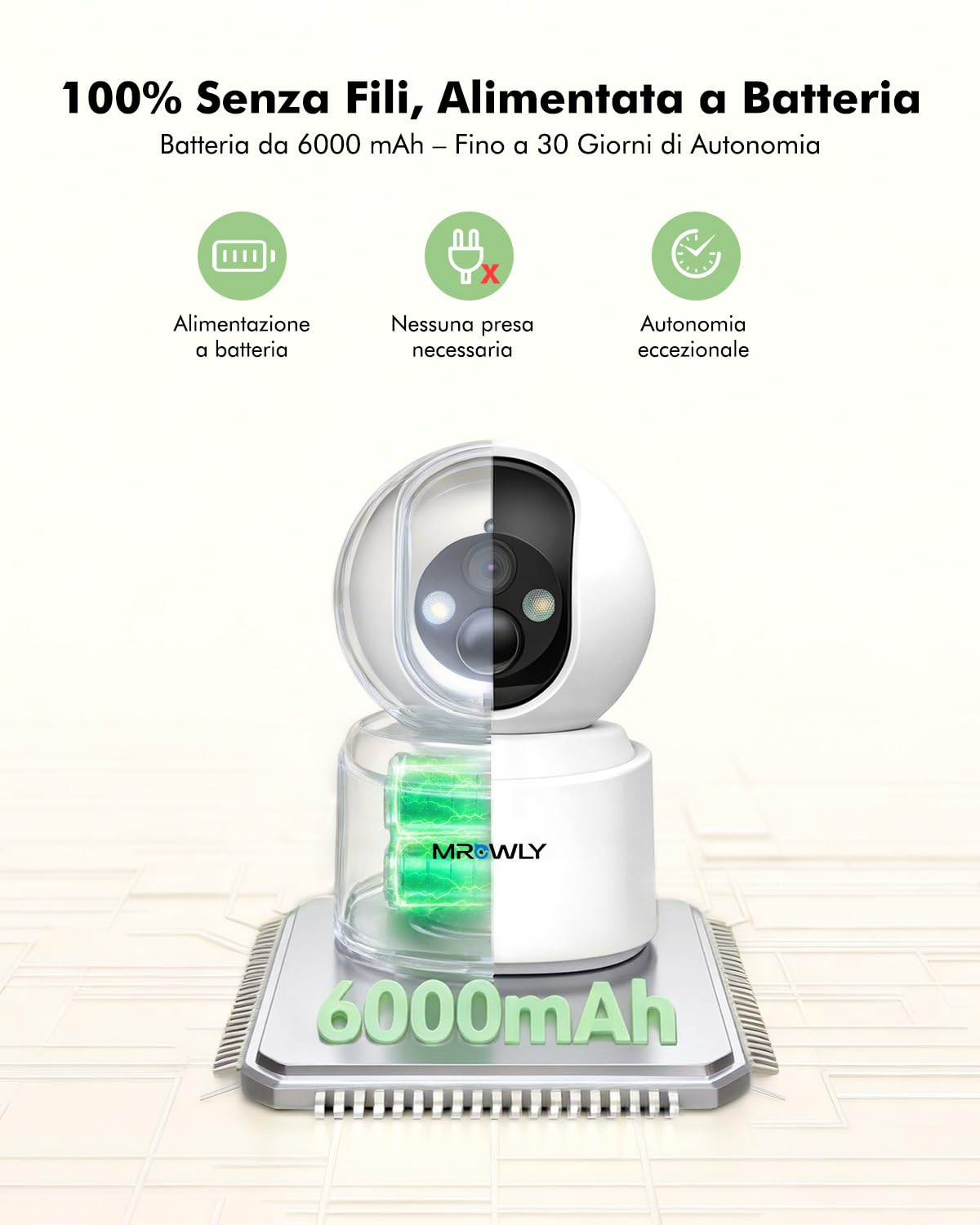 4MP 2,5K Telecamera WiFi Interno Senza Fili con Batteria 6000mAh, Rotazione 360°, Wi-Fi Dual Band 2,4/5 GHz, Rilevamento PIR, Visione Notturna a Colori, Audio Bidirezionale, Senza Forare