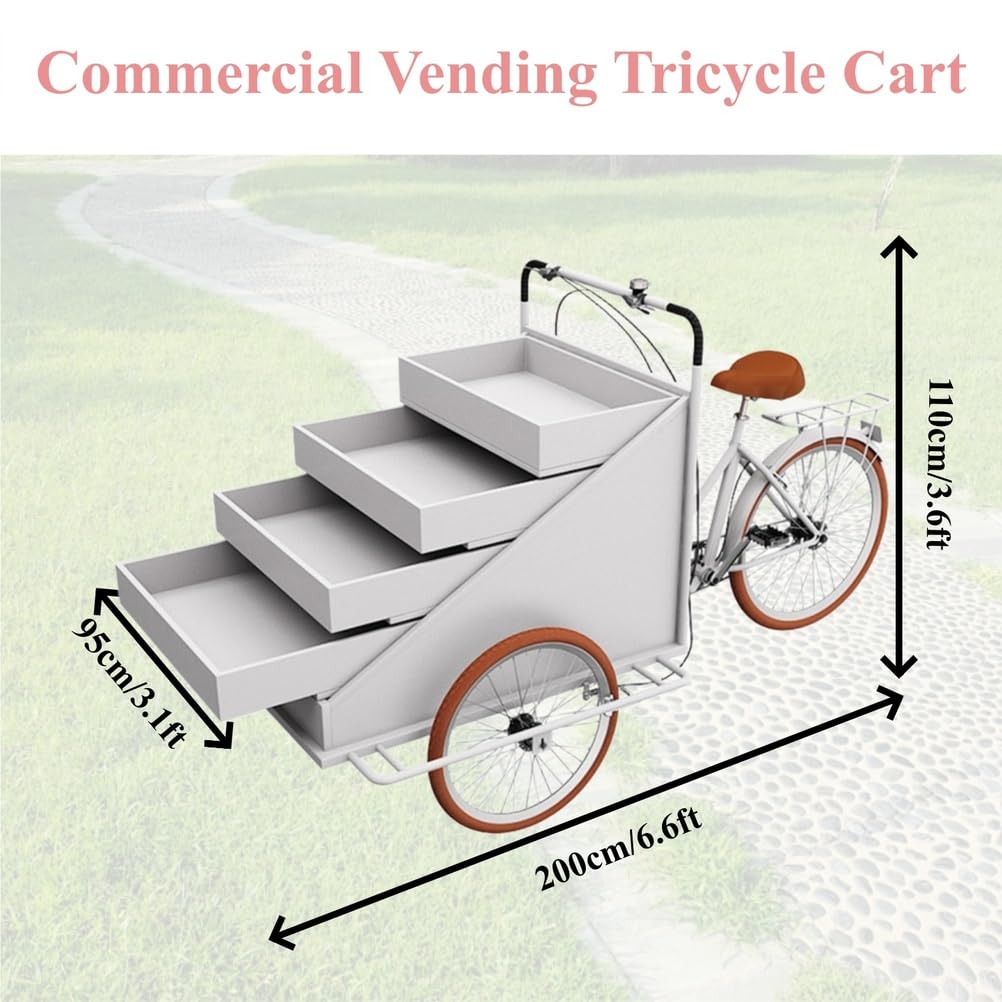 Carrito de Venta Ambulante de Comida móvil de Gran tamaño con Triciclo, para Plantas con Estante de exhibición Abierto de 4 Capas, para Venta minorista y Entrega a Domicilio