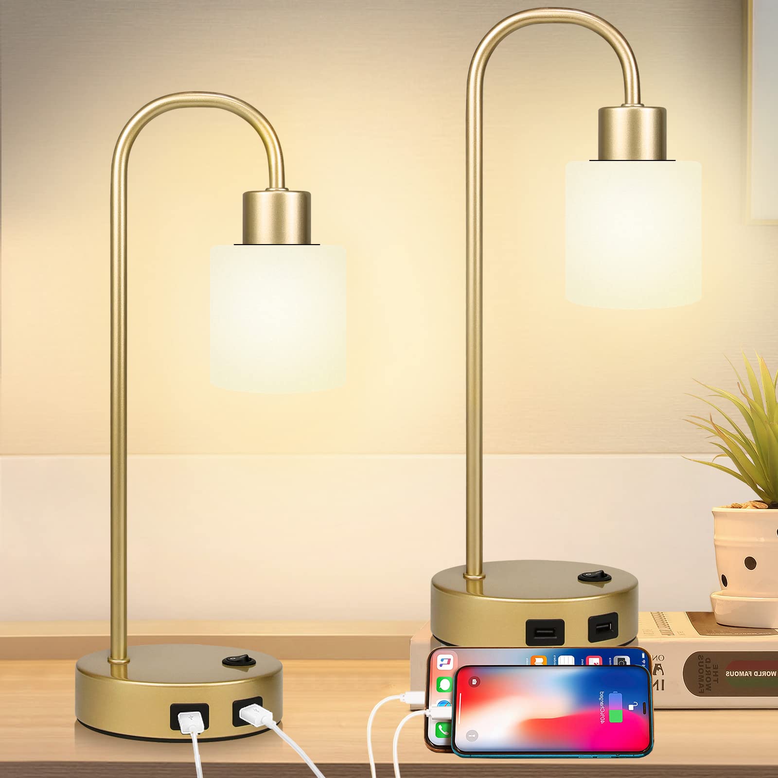 urophylla Gold Lamps for Bedrooms Set of 2 - Industrial Vintage Nightstand Lamp with USB Port, Dimmable Eye-Caring Bedside Reading Lamp for Bedroom, Living Rooms, and Office (Premium Gold)