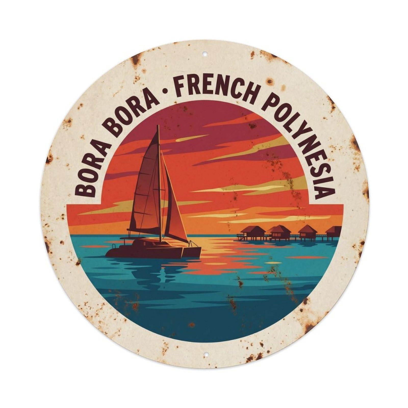 Olyhtr 8X8inch Classic Style Borabora Sunset Catamaran Vintage Lagoon Island Metal Tin Sign
