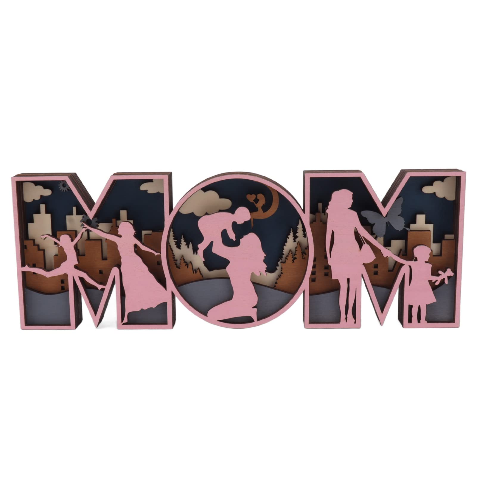 FLEXMAN Wooden MOM Letter Ornaments, Cute Shape Mom Letters Sign Decoration, Character Silhouettes Pattern Decor for Mothers Day, Holiday Decoration (Large)