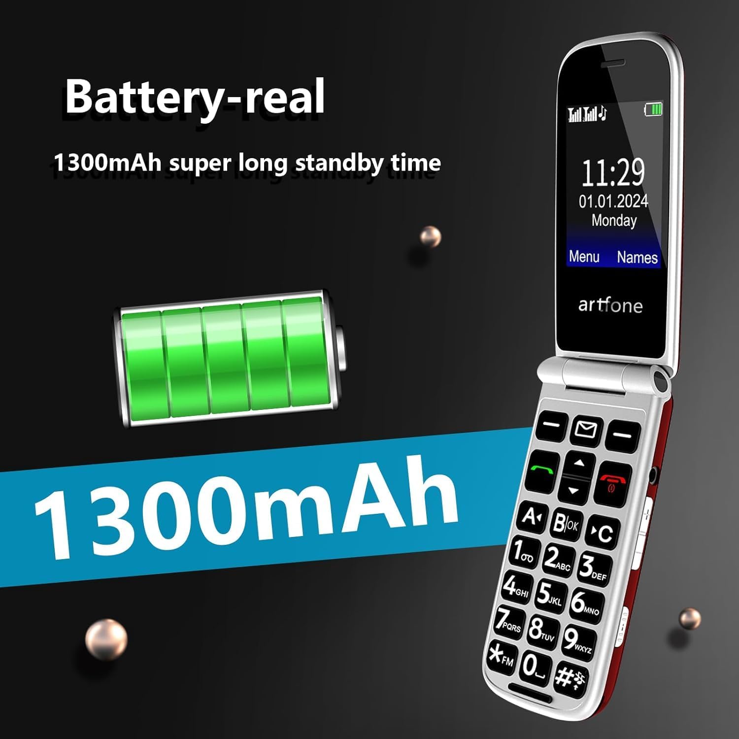 Illustration of the artfone F20's 1300mAh battery and its long standby time