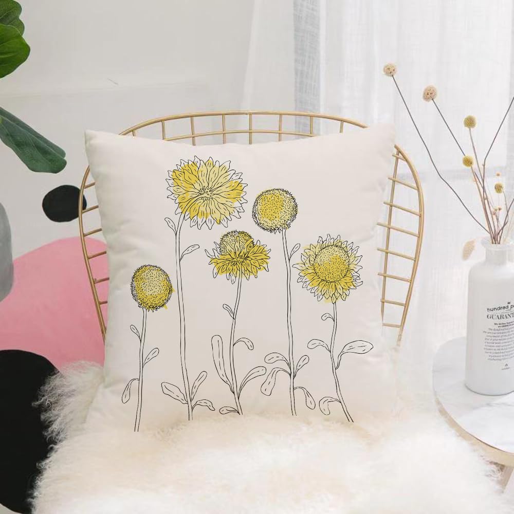 HYMSXW Cushion Cover,Throw Pillow Case Home Decorative for Living Room Bedroom Sofa Chair 20X20 Inch,Yellow flower, hand drawn style sunflower on branches petal,Pillowcase 50X50cm