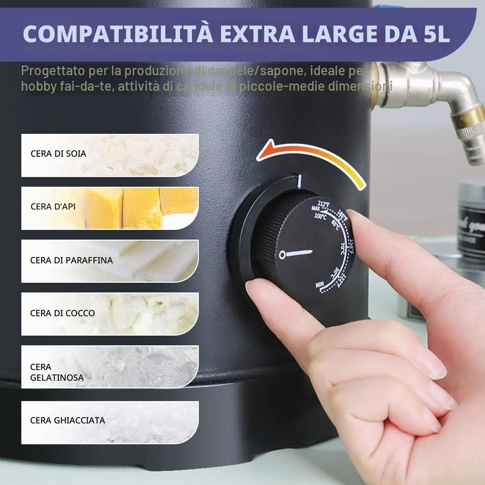 TOAUTO WMF-5L - Fusore di cera per la produzione di candele, con beccuccio per versare più velocemente e termoregolatore, non si intasa e facile da pulire